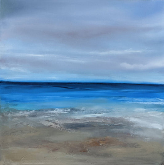 Looking Out To Sea oil painting by Jo Earl | deep blue sea in the horizon with wispy clouds in the sky and a sandy seashore