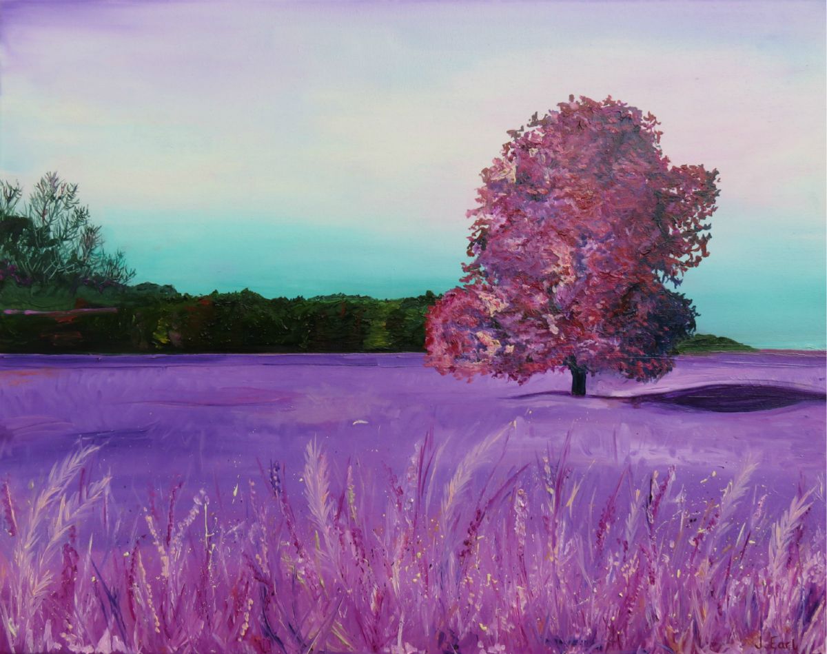 Purple Fields oil painting by Jo Earl | Long grassed purple coloured field with a single large tree with purple leaves. The skies are clear and there is a green hill in the background.