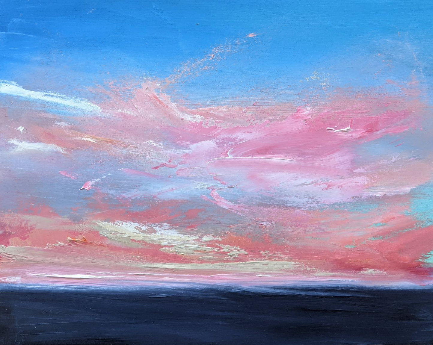 Rose sunset oil painting by Jo Earl | Pink clouds at sunset over deep blue and calm sea