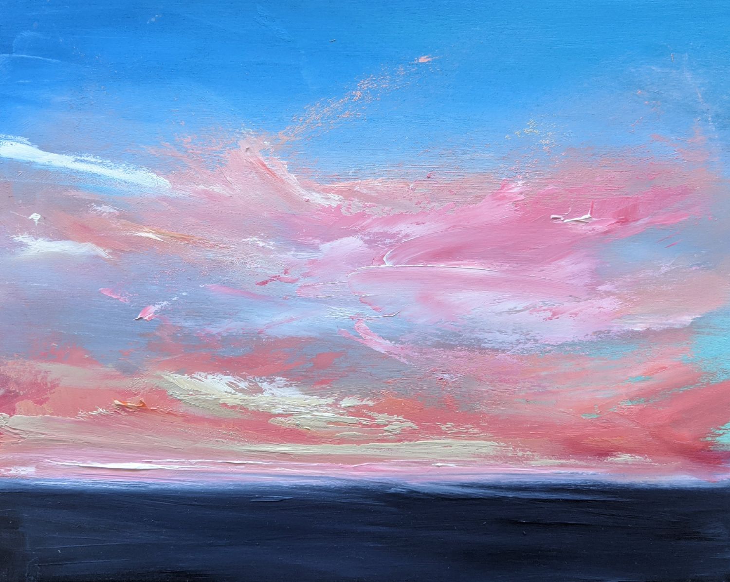 Rose sunset oil painting by Jo Earl | Pink clouds at sunset over deep blue and calm sea