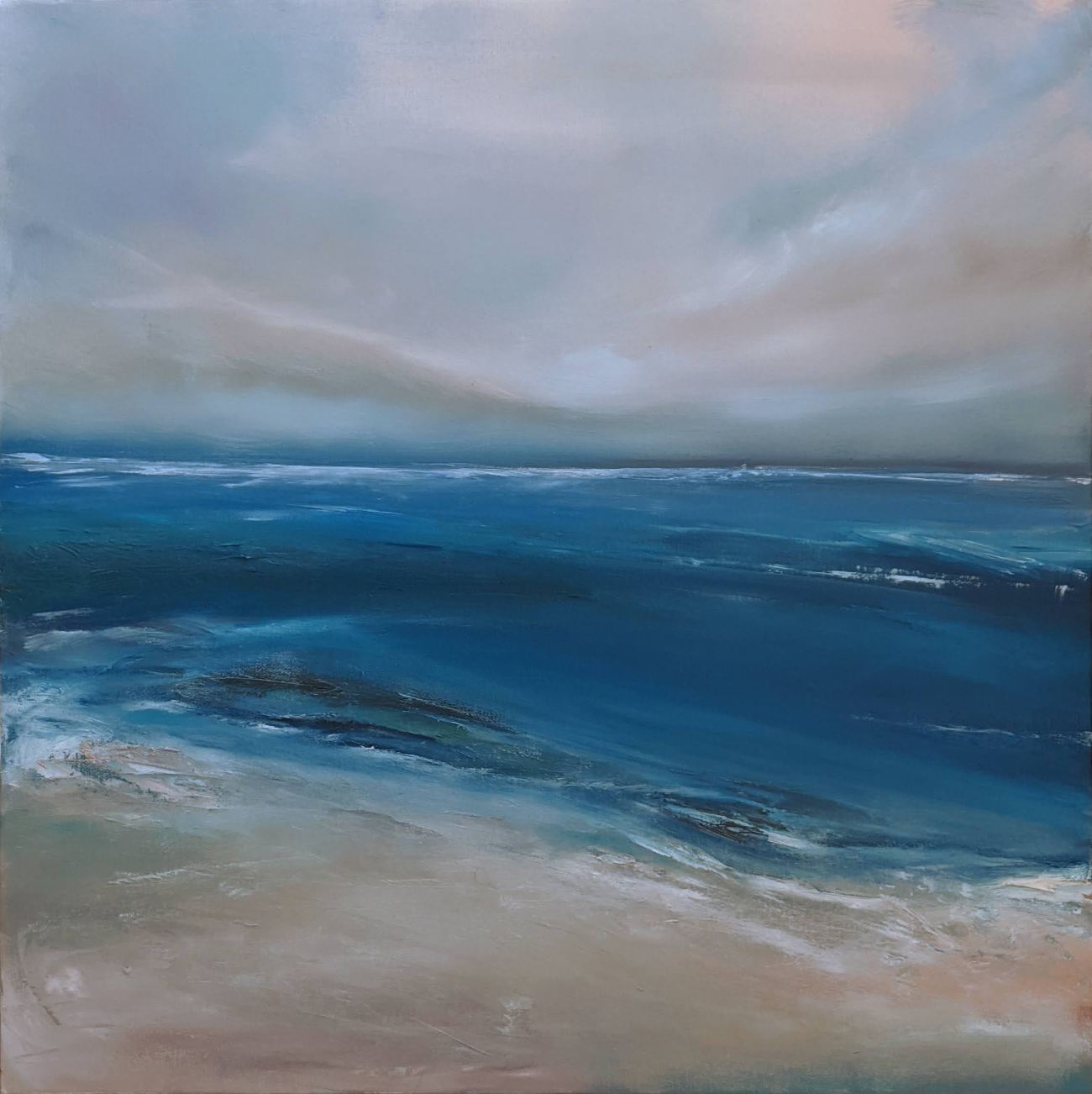 tranquil beachscape oil painting by Jo Earl | oil painting of a grey sky over a blue sea just off the coast