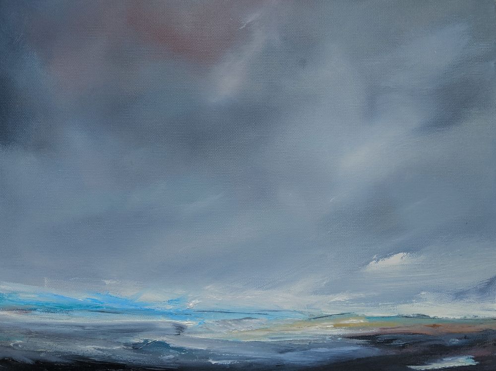 Windswept Sea oil painting by Jo Earl | Dark skies over crashing blue waves seascape